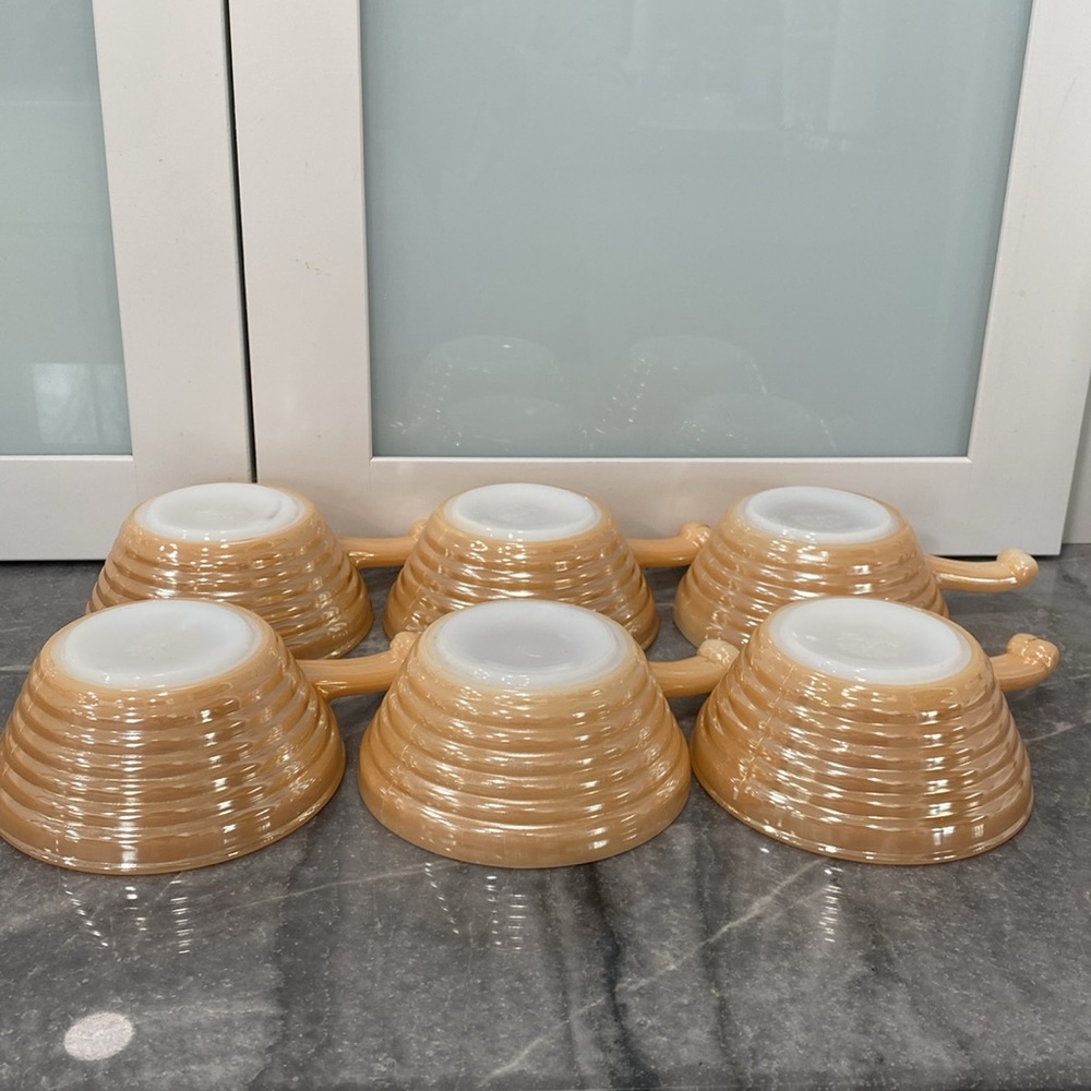 Vintage Fire King Oven Ware Peach Luster Beehive Handled Soup/Cereal Bowl. Set 6